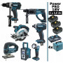 Pack Makita Power PRO 7 outils 18V: DDF458 + DHR202 + DTD152 + DJV180 + DSS610 + DMR108 + DEADML802 + 3 batt 5Ah + 4 Coffrets