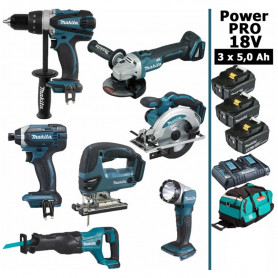Pack Makita Power PRO 7 outils 18V: DDF458 + DGA504 + DTD152 + DJV180 + DSS610 + DJR186 + DEADML802 + 3 batt 5Ah + sac Pack Makita Power PRO 7 outils 18V: DDF458 + DGA504 + DTD152 + DJV180 + DSS610 + DJR186 + DEADML802 + 3 batt 5Ah + sac