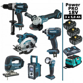 Pack Makita Power PRO 7 outils 18V: DDF458 + DGA504 + DTD152 + DJV180 + DSS610 + DMR108 + DEADML802 + 3 batt 5Ah + sac Pack Makita Power PRO 7 outils 18V: DDF458 + DGA504 + DTD152 + DJV180 + DSS610 + DMR108 + DEADML802 + 3 batt 5Ah + sac