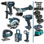 Pack Makita Power PRO 7 outils 18V: DDF458 + DGA504 + DTD152 + DJV180 + DSS610 + DMR108 + DEADML802 + 3 batt 5Ah + sac