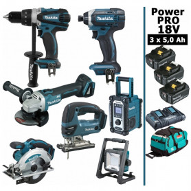 Pack MAKITA Power PRO 7 outils 18V : DDF458 + DGA504 + DTD152 + DJV180 + DSS610 + DMR108 + DEADML805 + 3 batt 5Ah + sac Pack MAKITA Power PRO 7 outils 18V : DDF458 + DGA504 + DTD152 + DJV180 + DSS610 + DMR108 + DEADML805 + 3 batt 5Ah + sac