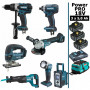 Pack Makita Power PRO 7 outils 18V: DDF458 + DTD152 + DGA504 + DJV180 + DJR186 + DMR108 + DEADML802 + 3 batt 5Ah + sac