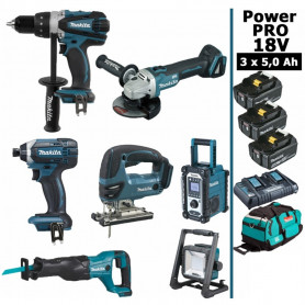 Pack MAKITA Power PRO 7 outils 18V : DDF458 + DTD152 + DGA504 + DJV180 + DJR186 + DMR108 + DEADML805 + 3 batt 5Ah + sac Pack MAKITA Power PRO 7 outils 18V : DDF458 + DTD152 + DGA504 + DJV180 + DJR186 + DMR108 + DEADML805 + 3 batt 5Ah + sac
