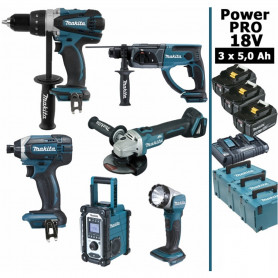 Pack Power PRO Makita 6 outils 18V: DDF458 + DTD152 + DGA504 + DHR202 + DMR108 + Lampe + 3 batt 5Ah + 3 Coffrets Pack Power PRO Makita 6 outils 18V: DDF458 + DTD152 + DGA504 + DHR202 + DMR108 + Lampe + 3 batt 5Ah + 3 Coffrets