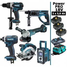 Pack Makita Power PRO 6 outils 18V: DDF458 + DHR202 + DGA504 + DTD152 + DSS610 + DMR108 + 3 batt 5Ah + sac Pack Makita Power PRO 6 outils 18V: DDF458 + DHR202 + DGA504 + DTD152 + DSS610 + DMR108 + 3 batt 5Ah + sac