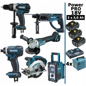 Pack Makita Power PRO 6 outils 18V: DDF458 + DHR202 + DGA504 + DTD152 + DSS610 + DMR108 + 3 batt 5Ah + 4 Coffrets Pack Makita Power PRO 6 outils 18V: DDF458 + DHR202 + DGA504 + DTD152 + DSS610 + DMR108 + 3 batt 5Ah + 4 Coffrets
