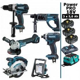 Pack Makita Power PRO 6 outils 18V: DDF458 + DHR202 + DGA504 + DTD152 + DSS610 + Projecteur + 3 batt 5Ah + sac Pack Makita Power PRO 6 outils 18V: DDF458 + DHR202 + DGA504 + DTD152 + DSS610 + Projecteur + 3 batt 5Ah + sac