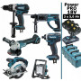 Pack Makita Power PRO 6 outils 18V: DDF458 + DHR202 + DGA504 + DTD152 + DSS610 + Projecteur + 3 batt 5Ah + 4 Coffrets