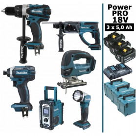 Pack Power PRO Makita 6 outils 18V: DDF458 + DTD152 + DHR202 + DJV180 + DMR108 + Lampe + 3 batt 5Ah + 3 Coffrets Pack Power PRO Makita 6 outils 18V: DDF458 + DTD152 + DHR202 + DJV180 + DMR108 + Lampe + 3 batt 5Ah + 3 Coffrets