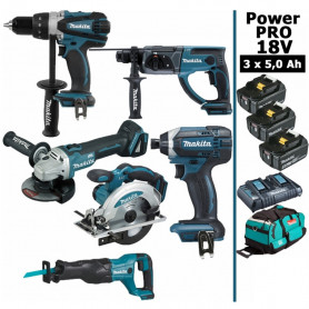Pack Makita Power PRO 6 outils 18V: DDF458 + DGA504 + DTD152 + DHR202 + DSS610 + DJR186 + 3 batt 5Ah + sac Pack Makita Power PRO 6 outils 18V: DDF458 + DGA504 + DTD152 + DHR202 + DSS610 + DJR186 + 3 batt 5Ah + sac