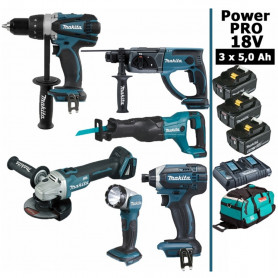 Pack Makita Power PRO 6 outils 18V: DDF458 + DHR202 + DGA504 + DTD152 + DJR186 + Lampe + 3 batt 5Ah + sac Pack Makita Power PRO 6 outils 18V: DDF458 + DHR202 + DGA504 + DTD152 + DJR186 + Lampe + 3 batt 5Ah + sac