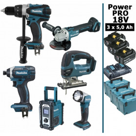 Pack Power PRO Makita 6 outils 18V: DDF458 + DTD152 + DGA504 + DJV180 + DMR108 + Lampe + 3 batt 5Ah + 3 Coffrets Pack Power PRO Makita 6 outils 18V: DDF458 + DTD152 + DGA504 + DJV180 + DMR108 + Lampe + 3 batt 5Ah + 3 Coffrets