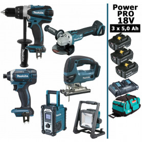 Pack MAKITA Power PRO 6 outils 18V : DDF458 + DTD152 + DGA504 + DJV180 + DMR108 + DEADML805 + 3 batt 5ah + sac Pack MAKITA Power PRO 6 outils 18V : DDF458 + DTD152 + DGA504 + DJV180 + DMR108 + DEADML805 + 3 batt 5ah + sac