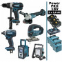 Pack Makita Power PRO 6 outils 18V: DDF458 + DTD152 + DGA504 + DJV180 + DMR108 + Projecteur + 3 batt 5Ah + 3 Coffrets