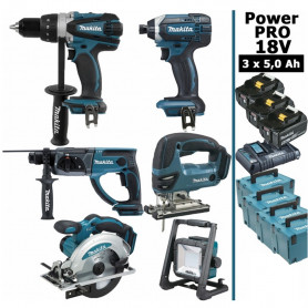 Pack Makita Power PRO 6 outils 18V: DDF458 + DHR202 + DTD152 + DJV180 + DSS610 + Projecteur + 3 batt 5Ah + 4 Coffrets Pack Makita Power PRO 6 outils 18V: DDF458 + DHR202 + DTD152 + DJV180 + DSS610 + Projecteur + 3 batt 5Ah + 4 Coffrets