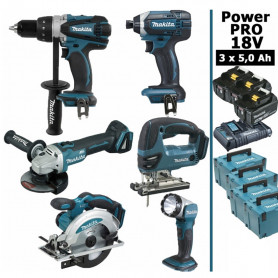 Pack Makita Power PRO 6 outils 18V: DDF458 + DGA504 + DTD152 + DJV180 + DSS610 + Lampe + 3 batt 5Ah + 4 Coffrets Pack Makita Power PRO 6 outils 18V: DDF458 + DGA504 + DTD152 + DJV180 + DSS610 + Lampe + 3 batt 5Ah + 4 Coffrets