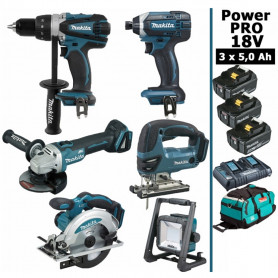 Pack Makita Power PRO 6 outils 18V: DDF458 + DGA504 + DTD152 + DJV180 + DSS610 + Projecteur + 3 batt 5Ah + sac Pack Makita Power PRO 6 outils 18V: DDF458 + DGA504 + DTD152 + DJV180 + DSS610 + Projecteur + 3 batt 5Ah + sac