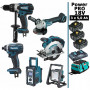 Pack Makita Power PRO 6 outils 18V: Perceuse DDF458 + Visseuse à choc DTD152 + Meuleuse DGA504 + Scie circulaire DSS610 + Radio