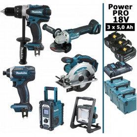 Pack Power PRO 6 outils 18V: Perceuse DDF458 + Visseuse à choc DTD152 + Meuleuse DGA504 + Scie circulaire DSS610 + Radio DMR108 Pack Power PRO 6 outils 18V: Perceuse DDF458 + Visseuse à choc DTD152 + Meuleuse DGA504 + Scie circulaire DSS610 + Radio DMR108
