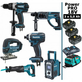Pack Makita Power PRO 6 outils 18V: DDF458 + DHR202 + DTD152 + DJV180 + DJR186 + DMR108 + 3 batt 5Ah + sac Pack Makita Power PRO 6 outils 18V: DDF458 + DHR202 + DTD152 + DJV180 + DJR186 + DMR108 + 3 batt 5Ah + sac