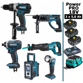 Pack Makita Power PRO 6 outils 18V: Perceuse DDF458 + Visseuse à choc DTD152 + Perforateur DHR202 + Scie récipro DJR186 + Radio Pack Makita Power PRO 6 outils 18V: Perceuse DDF458 + Visseuse à choc DTD152 + Perforateur DHR202 + Scie récipro DJR186 + Radio