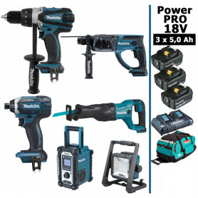 Pack Makita Power PRO 6 outils 18V: Perceuse DDF458 + Visseuse à choc DTD152 + Perforateur DHR202 + Scie récipro DJR186 + Radio Pack Makita Power PRO 6 outils 18V: Perceuse DDF458 + Visseuse à choc DTD152 + Perforateur DHR202 + Scie récipro DJR186 + Radio