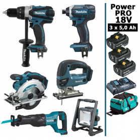 Pack Makita Power PRO 6 outils 18V: Perceuse DDF458 + DJR186 + Visseuse DTD152 + DJV180 + DSS610 + Projecteur + 3 batt 5Ah + sac Pack Makita Power PRO 6 outils 18V: Perceuse DDF458 + DJR186 + Visseuse DTD152 + DJV180 + DSS610 + Projecteur + 3 batt 5Ah + sac