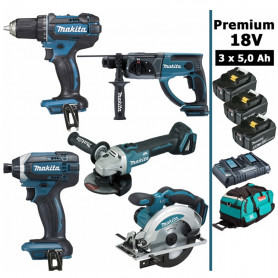 Pack Makita Premium 5 machines 18V 5Ah: Perceuse DDF482 + Meuleuse DGA504 + Perforateur DHR202 + Visseuse à chocs DTD152 + Scie Pack Makita Premium 5 machines 18V 5Ah: Perceuse DDF482 + Meuleuse DGA504 + Perforateur DHR202 + Visseuse à chocs DTD152 + Scie