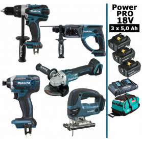 Pack Makita Power PRO 5 outils 18V: DDF458 + DHR202 + DGA504 + DTD152 + DJV180 + 3 batt 5Ah + sac Pack Makita Power PRO 5 outils 18V: DDF458 + DHR202 + DGA504 + DTD152 + DJV180 + 3 batt 5Ah + sac