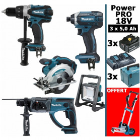 Pack Makita Power PRO 18V: DDF458 DHR202 DSS610 DTD152 Projecteur 3 batt 5Ah 3 coffrets OFFERT 1 chariot diable MAKITA Pack Makita Power PRO 18V: DDF458 DHR202 DSS610 DTD152 Projecteur 3 batt 5Ah 3 coffrets OFFERT 1 chariot diable MAKITA