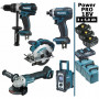 Pack Power PRO Makita 18V: Perceuse 91Nm DDF458 + Meuleuse 125mm DGA504 + Scie circulaire 165mm DSS610 + Visseuse à chocs 165Nm