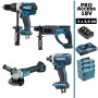 Pack Makita Pro 18V 5Ah: Perceuse 91Nm DDF458 + Meuleuse 125mm DGA504 + Perforateur 2J DHR202 + Visseuse à chocs 165Nm DTD152 +