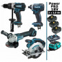 Pack Makita Power PRO 18V: Perceuse 91Nm DDF458 + Meuleuse 125mm DGA504 + Visseuse à chocs 165Nm DTD152 + Scie circulaire 165mm