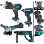 Pack Makita Power PRO 18V: Perceuse 91Nm DHP458 + Perfo 2J DHR202 + Meuleuse DGA504 + Visseuse 165Nm DTD152 + 3 batt 5Ah + sac