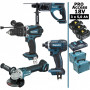 Pack Makita Pro 18V 5Ah: Perceuse 91Nm DHP458 + Meuleuse 125mm DGA504 + Perforateur 2J DHR202 + Visseuse à chocs 165Nm DTD152 +