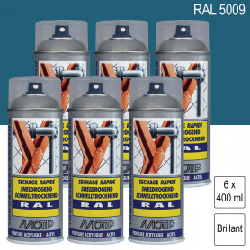 Lot de 6 Peintures aérosol RAL 5009 Bleu azur brillant 400ml MOTIP Lot de 6 Peintures aérosol RAL 5009 Bleu azur brillant 400ml MOTIP