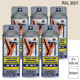 Lot de 6 Peintures aérosol RAL 9001 Blanc crème brillant 400ml MOTIP Lot de 6 Peintures aérosol RAL 9001 Blanc crème brillant 400ml MOTIP