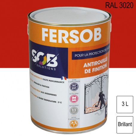 Peinture Antirouille de finition Fersob RAL 3020 Rouge signalisation  brillant 3L SOB PEINTURES