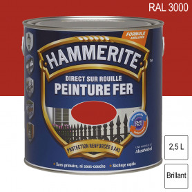 Peinture fer Direct sur Rouille RAL 3000 Rouge feu brillant 2,5L HAMMERITE Peinture fer Direct sur Rouille RAL 3000 Rouge feu brillant 2,5L HAMMERITE
