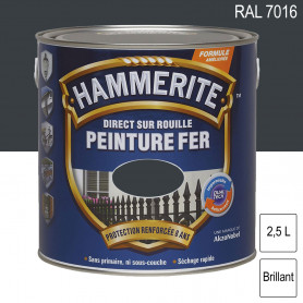 Peinture fer Direct sur Rouille RAL 7016 Gris anthracite brillant 2,5L HAMMERITE Peinture fer Direct sur Rouille RAL 7016 Gris anthracite brillant 2,5L HAMMERITE