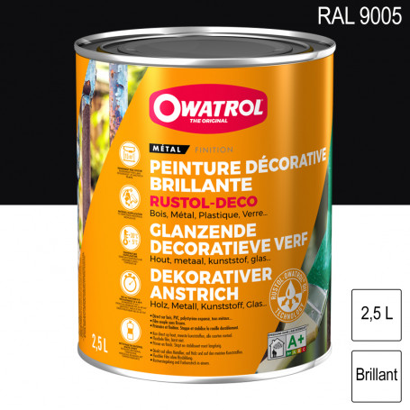Peinture décorative antirouille Rustol Deco RAL 9005 Noir foncé brillant 2,5L OWATROL