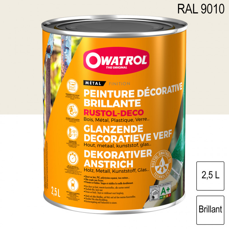 Peinture décorative antirouille Rustol Deco RAL 9010 Blanc pur brillant  2,5L OWATROL