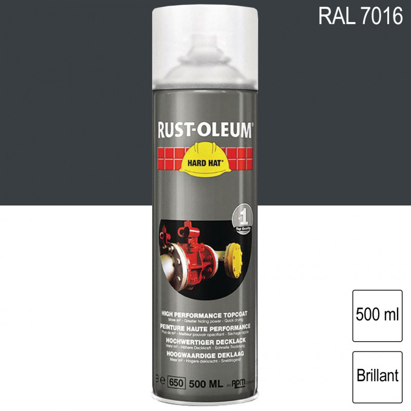 Peinture de finition industrielle aérosol Hard Hat RAL 7016 Gris anthracite brillant 500ml RUST