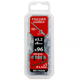 Rivets alu/acier Multigrip tête plate Ø3,2x8mm 96pcs FISCHER DAREX Rivets alu/acier Multigrip tête plate Ø3,2x8mm 96pcs FISCHER DAREX