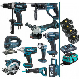 Pack Makita Power PRO 10 outils 18V: DDF458 DHR202 DGA504 DTW190 DTD152 DJV180 DSS610 DJR186 DMR108 DEADML802 + 4 batt 5Ah + sac Pack Makita Power PRO 10 outils 18V: DDF458 DHR202 DGA504 DTW190 DTD152 DJV180 DSS610 DJR186 DMR108 DEADML802 + 4 batt 5Ah + sac