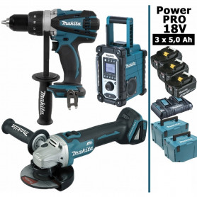 Pack Power PRO Makita 18V: Perceuse 91Nm DDF458 + Meuleuse 125mm DGA504 + Radio de chantier DMR108 + 3 batt 5Ah + 2 Coffrets Pack Power PRO Makita 18V: Perceuse 91Nm DDF458 + Meuleuse 125mm DGA504 + Radio de chantier DMR108 + 3 batt 5Ah + 2 Coffrets