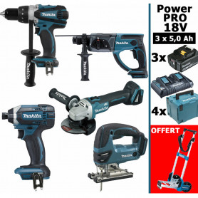 Pack Makita Power PRO 5 outils 18V: DDF458 + DHR202 + DGA504 + DTD152 + DJV180 + 3 batt 5Ah + 4 Coffrets + chariot diable OFFERT Pack Makita Power PRO 5 outils 18V: DDF458 + DHR202 + DGA504 + DTD152 + DJV180 + 3 batt 5Ah + 4 Coffrets + chariot diable OFFERT
