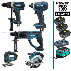 Pack Makita Power PRO 5 outils 18V: Perceuse DDF458 + Perfo DHR202 + Visseuse DTD152 + DJV180 + DSS610 + 3 batt 5Ah + sac Pack Makita Power PRO 5 outils 18V: Perceuse DDF458 + Perfo DHR202 + Visseuse DTD152 + DJV180 + DSS610 + 3 batt 5Ah + sac