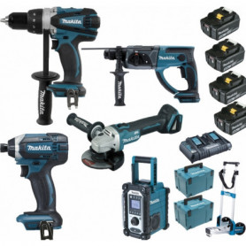 Pack Makita Pro 18V 5Ah: Perceuse 91Nm DDF458 + Meuleuse 125mm DGA504 + Perforateur 2J DHR202 + Visseuse à chocs 165Nm DTD152 + Pack Makita Pro 18V 5Ah: Perceuse 91Nm DDF458 + Meuleuse 125mm DGA504 + Perforateur 2J DHR202 + Visseuse à chocs 165Nm DTD152 +