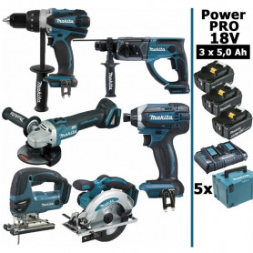 Pack Makita Power PRO 6 outils 18V: DDF458 + DHR202 + DGA504 + DTD152 + DJV180 + DSS610 + 3 batt 5Ah + 5 Coffrets Pack Makita Power PRO 6 outils 18V: DDF458 + DHR202 + DGA504 + DTD152 + DJV180 + DSS610 + 3 batt 5Ah + 5 Coffrets